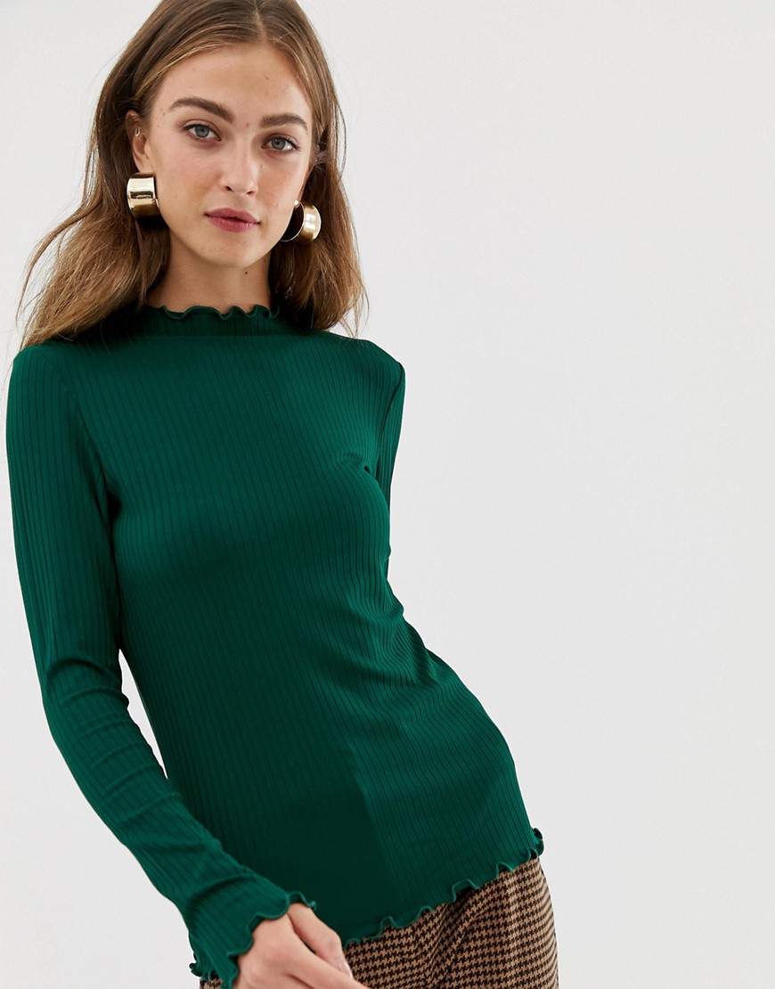 Warehouse ribbed high neck top with lettuce hem in green
