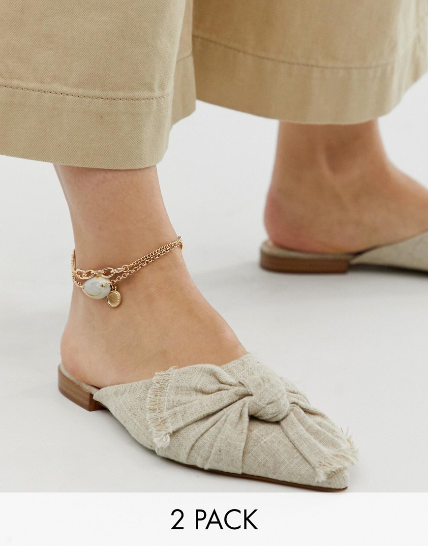 Asos Design Pack Of 2 Anklets With Faux Shell And Freshwater Pearls And Hardware Chain In Gold Tone - Gold