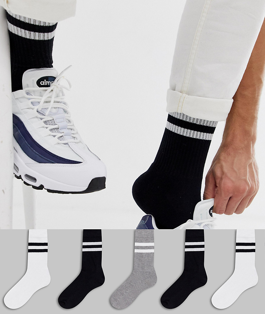 ASOS DESIGN 5 pack sports style socks in monochrome with stripes save