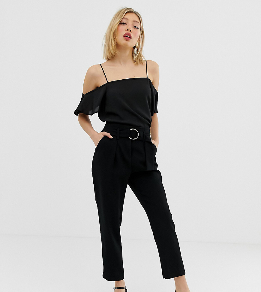 River Island Petite tapered trousers with ring detail in black