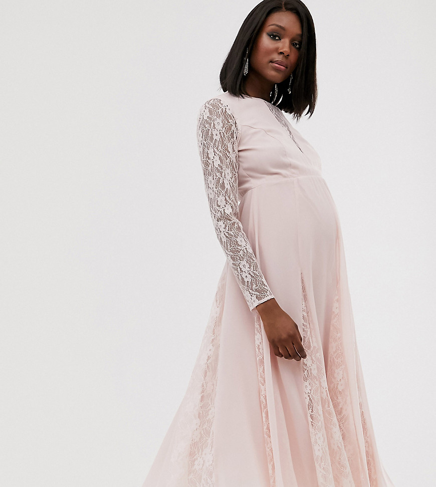 ASOS DESIGN Maternity midi dress with long sleeve and lace panelled bodice
