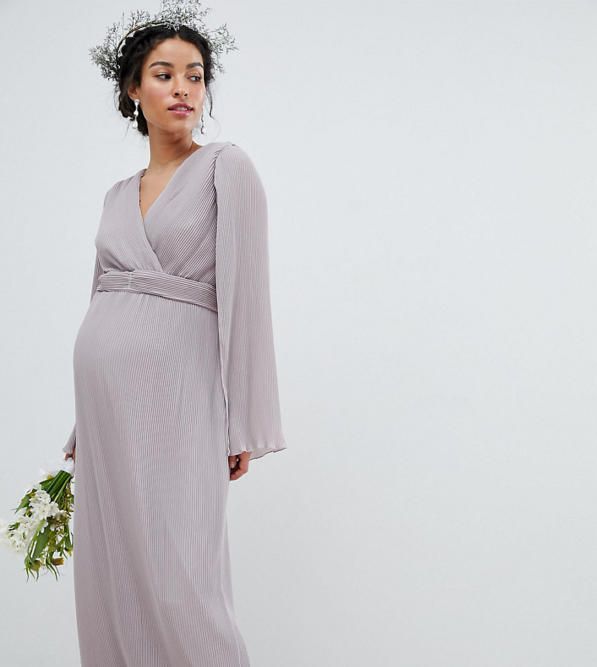TFNC Maternity Pleated Wrap Front Maxi Bridesmaid Dress with Cape Detail