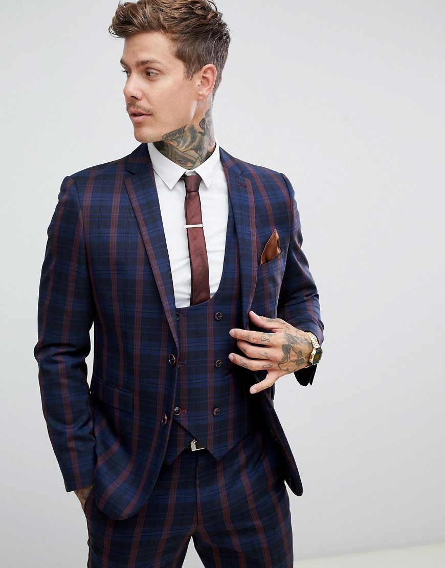 Harry Brown navy and burgundy check slim fit suit jacket