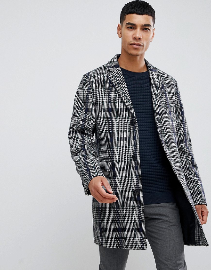 Moss London overcoat with prince of wales check in grey