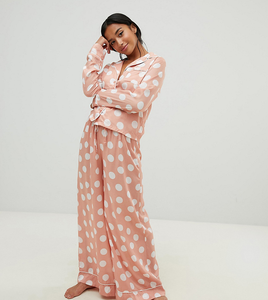 ASOS DESIGN Petite polka dot pyjama shirt and wide leg set 100% Modal - Dusky pink