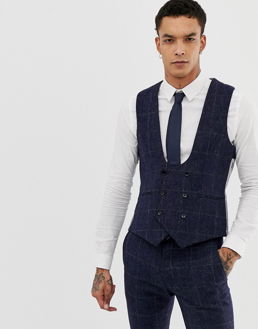 Twisted Tailor super skinny waistcoat in navy tweed check