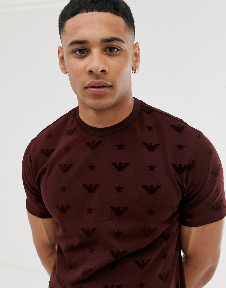 Emporio Armani all over flocked eagle logo t-shirt in burgundy
