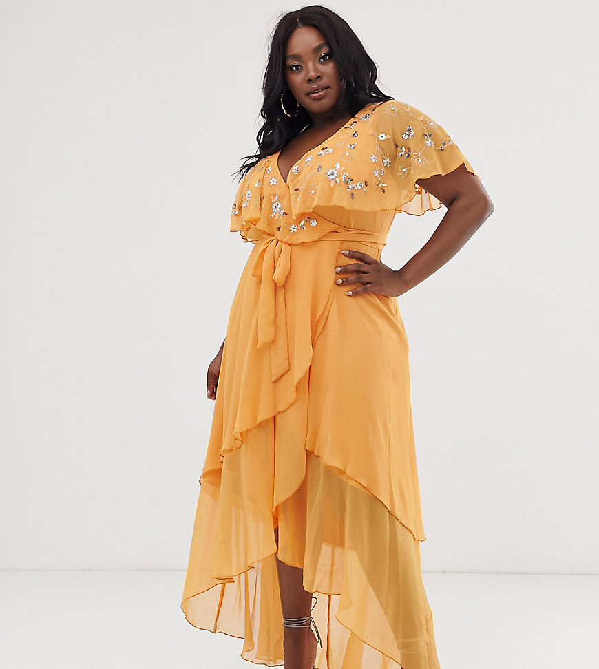 Asos Design Curve Maxi Dress With Cape Back And Dipped Hem In Embellishment - Orange