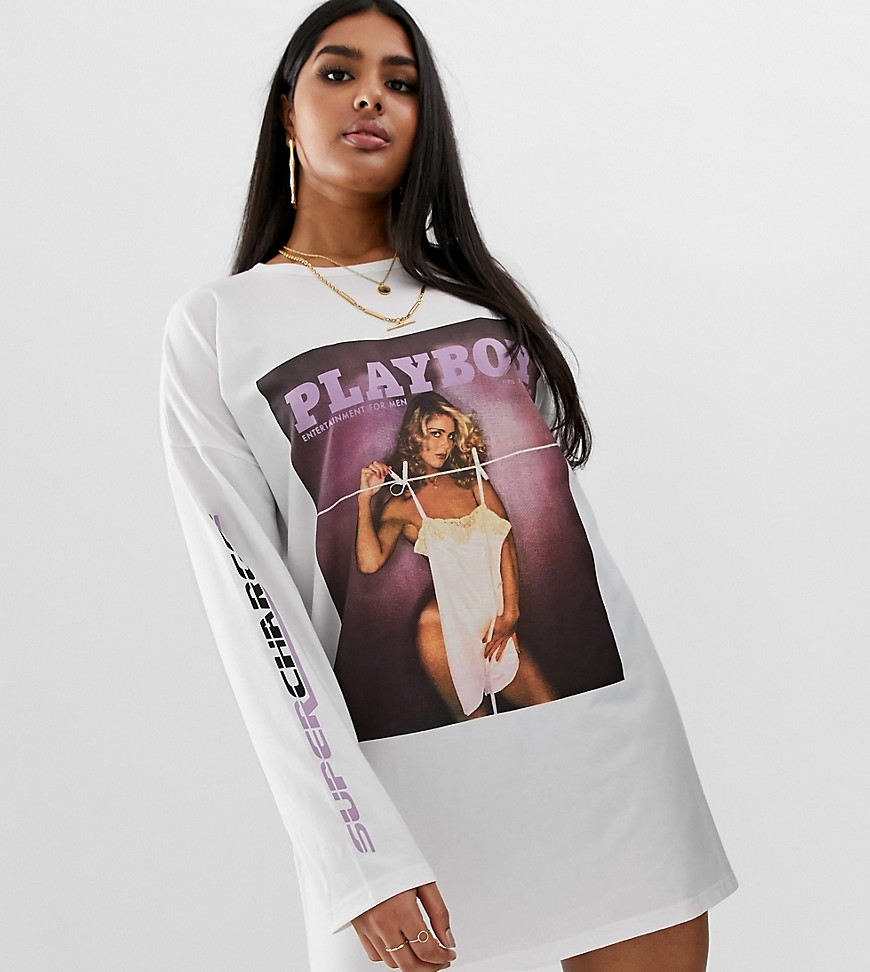 Missguided Plus Playboy t-shirt dress in white