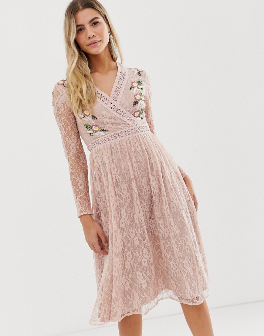 Frock And Frill prairie lace midi dress with embroidered wrap front in soft rose