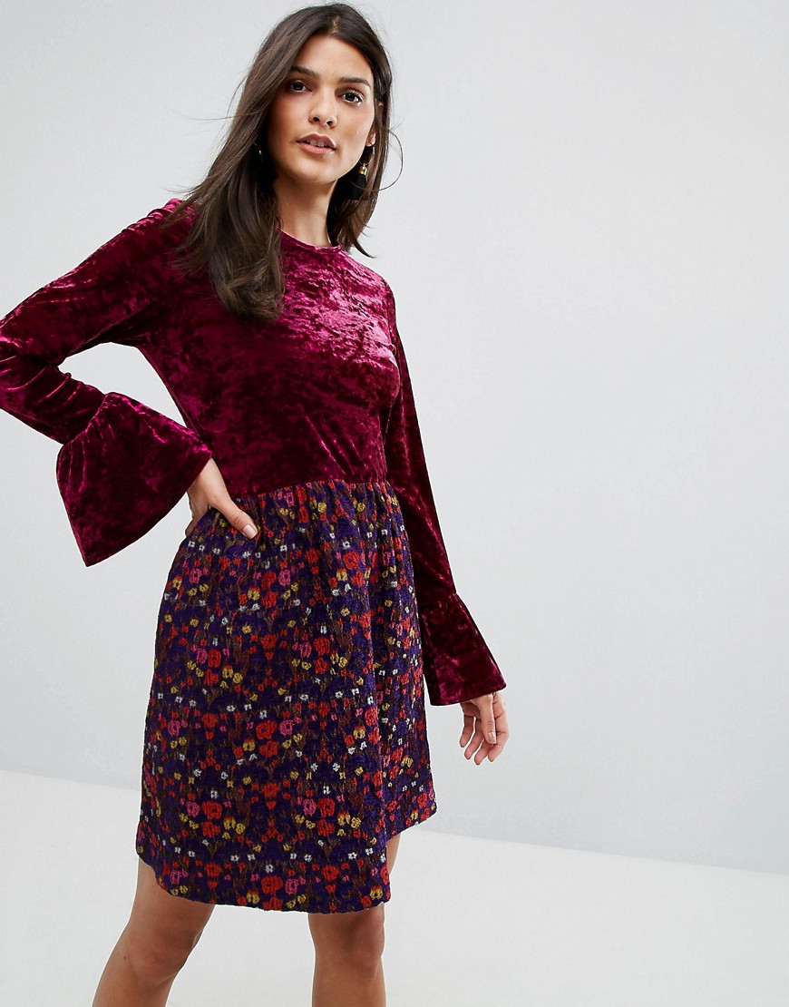 Anna Sui Crushed Velvet Dress with Jaqcuard Floral Skirt