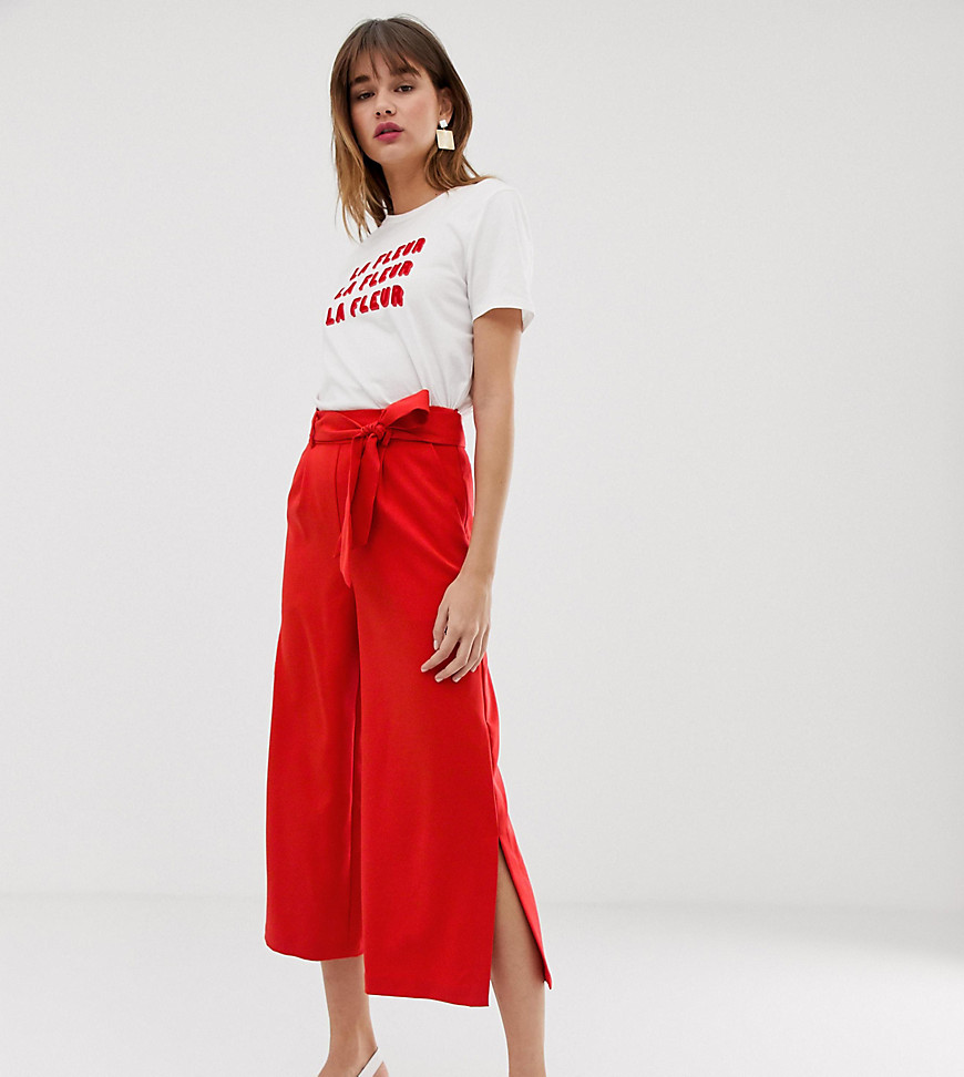 Warehouse wide leg cropped trousers with tie belt in red