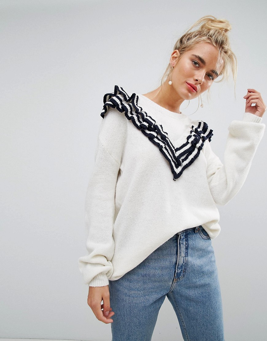 Willow And Paige Oversized Jumper With Tipped Ruffle Trim - Off white