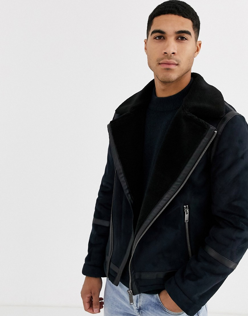 Burton Menswear shearling jacket in dark navy