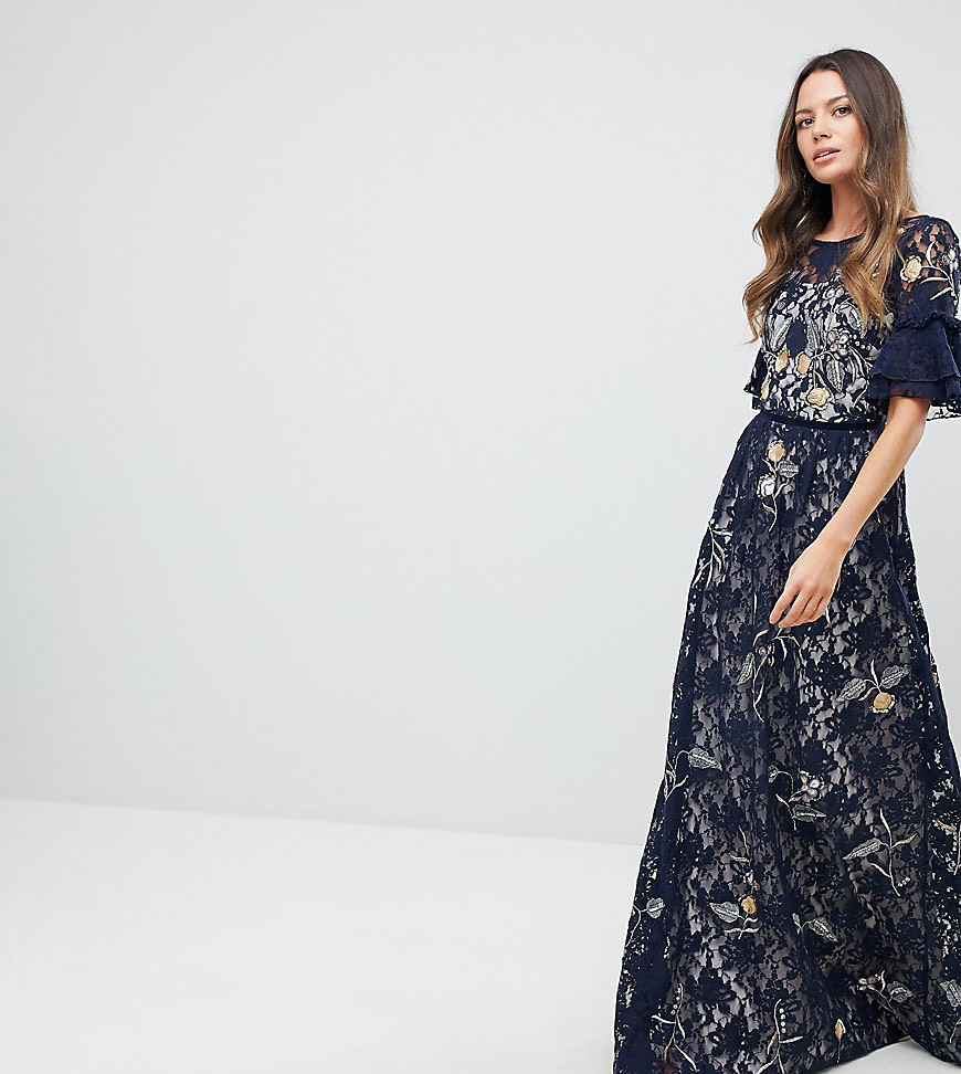 Frock And Frill Tall Allover Floral Embroidered Lace Maxi Dress With Flutter Sleeve - Navy multi