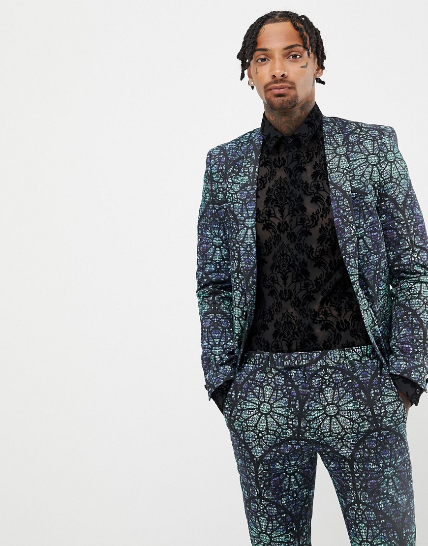 Twisted Tailor super skinny suit jacket with geo print in green
