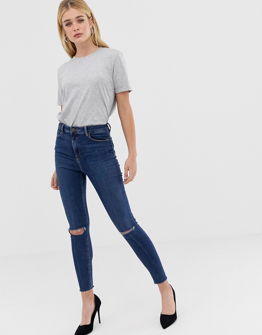 ASOS DESIGN high rise ridley 'skinny' jeans in dark wash blue with ripped knee detail
