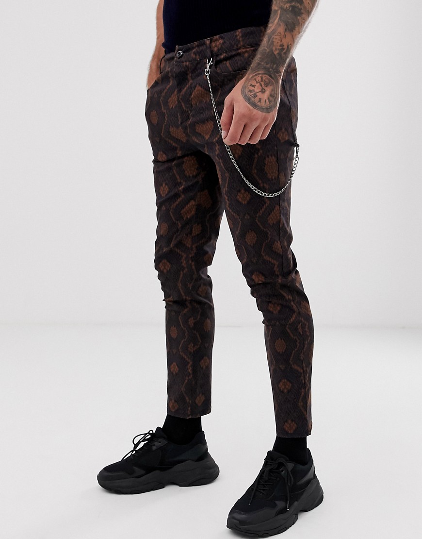 Asos Design Skinny Ankle Grazer Pants In Snake Print With Chain-brown