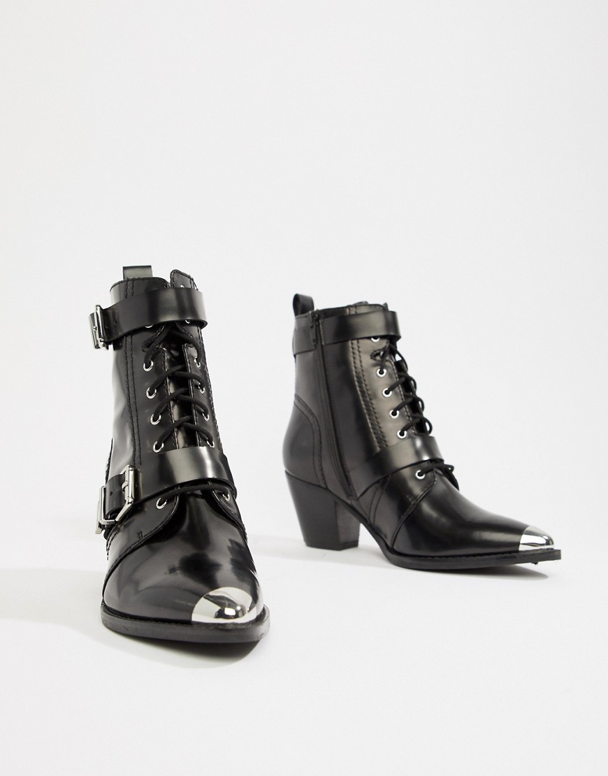 Asos Design Rhythmic Premium Leather Western Lace Up Boots-black