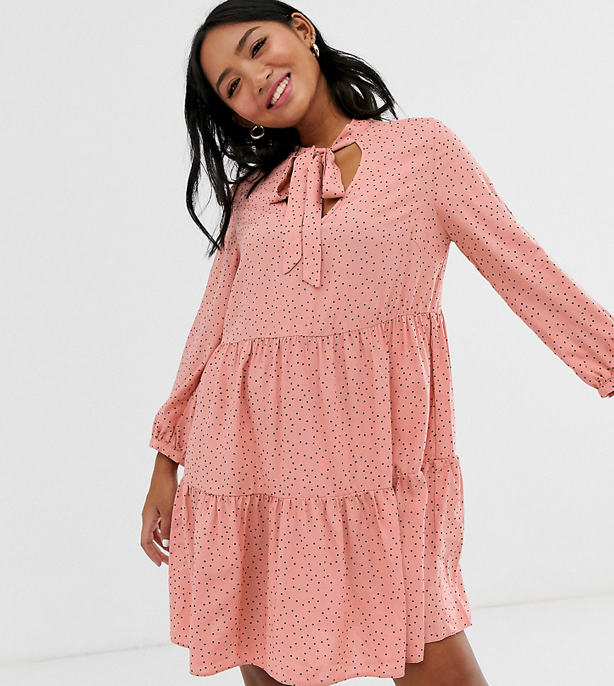 New Look Petite pussy bow smock dress in pink polka dot