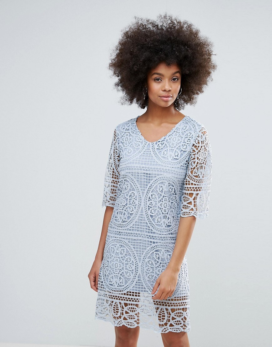 Darling 3/4 Sleeve Crochet Lace Shift Dress - Bbay blue