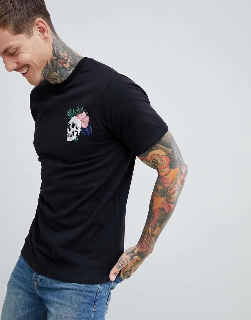 Pull&Bear T-Shirt With Skull Embroidery In Black - Black