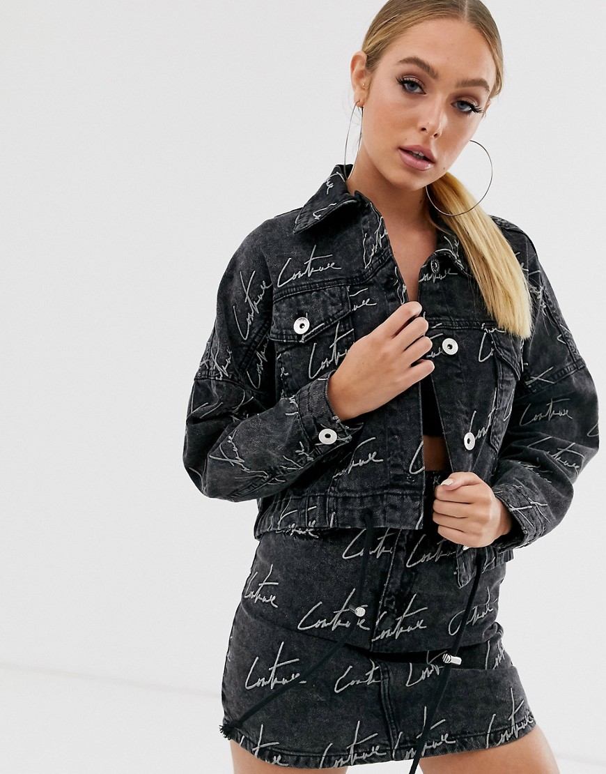 The Couture Club cropped motif denim jacket in washed black