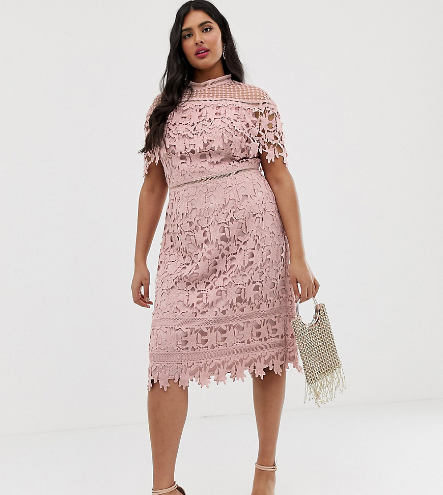 Chi Chi London Plus high neck all over lace pencil dress in blush pink