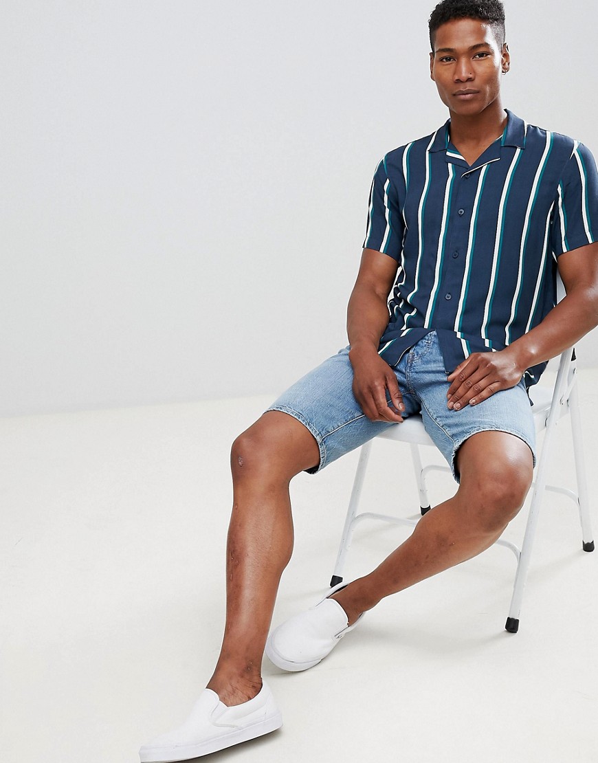 Pull&Bear striped shirt with revere collar in navy - Navy