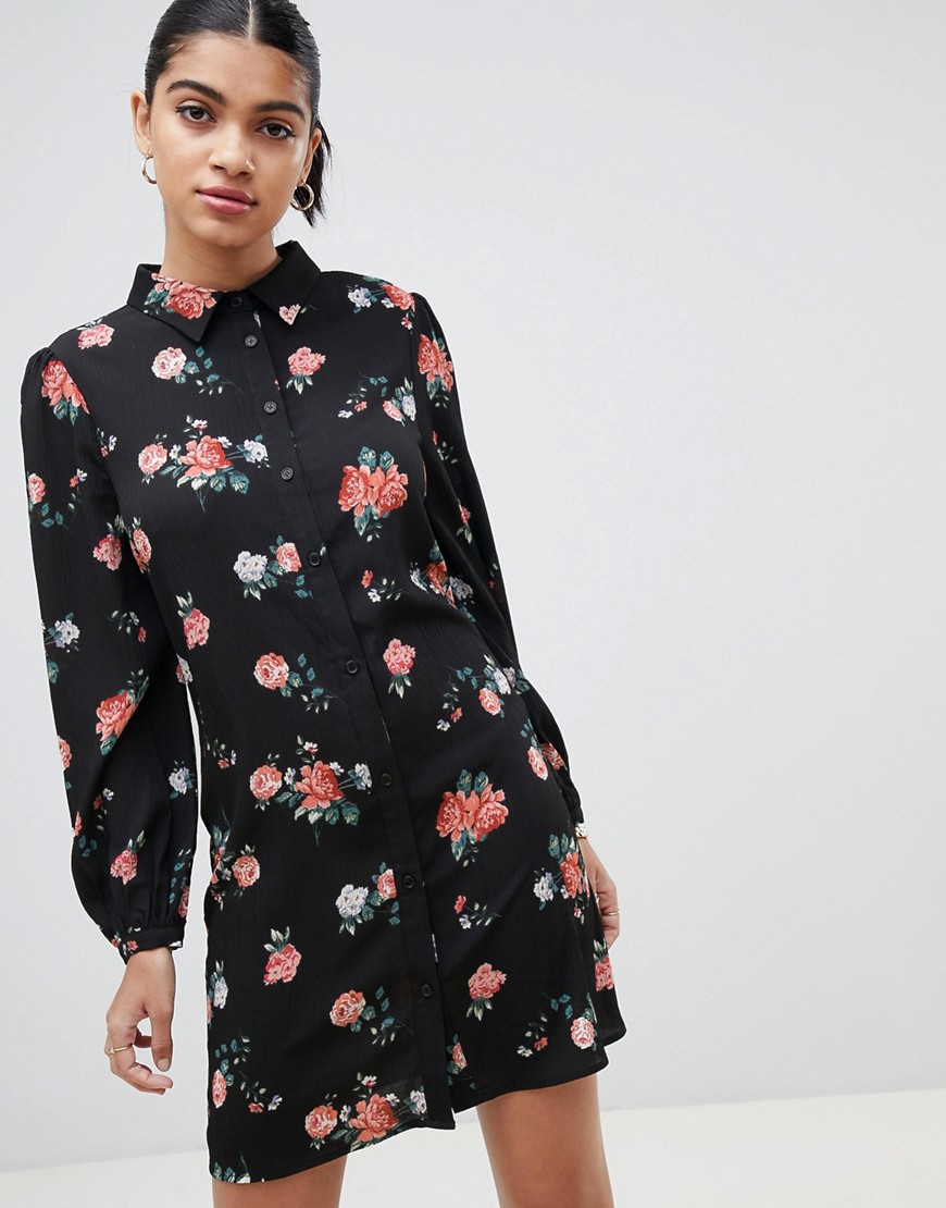 Fashion Union Long Sleeve Shirt Dress In Vintage Floral