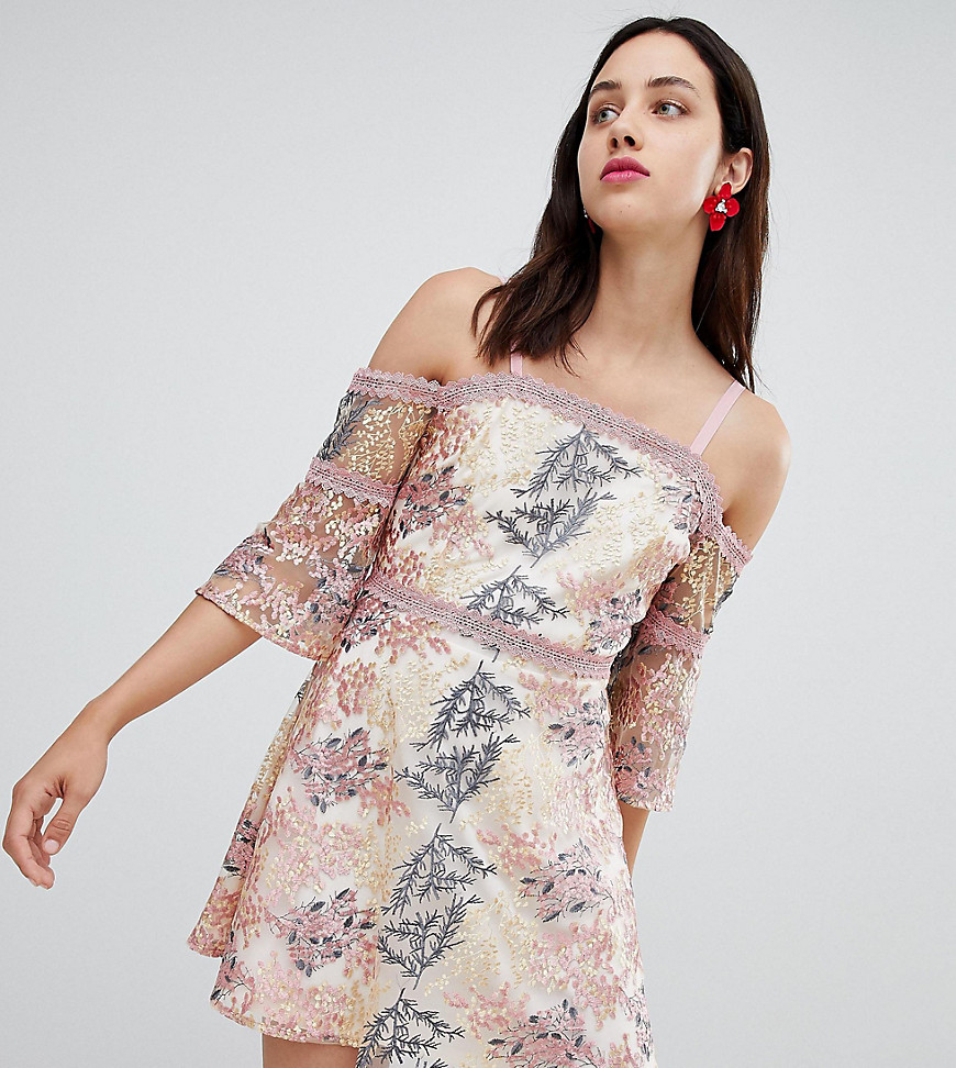 Dolly & Delicious All Over Embroidered Off Shoulder Mini Dress - Multi