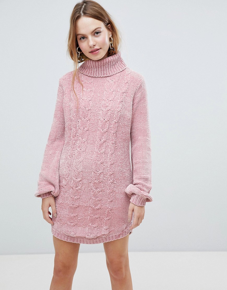 QED London Chunky Cable Knit Jumper Dress With Roll Neck - Rose