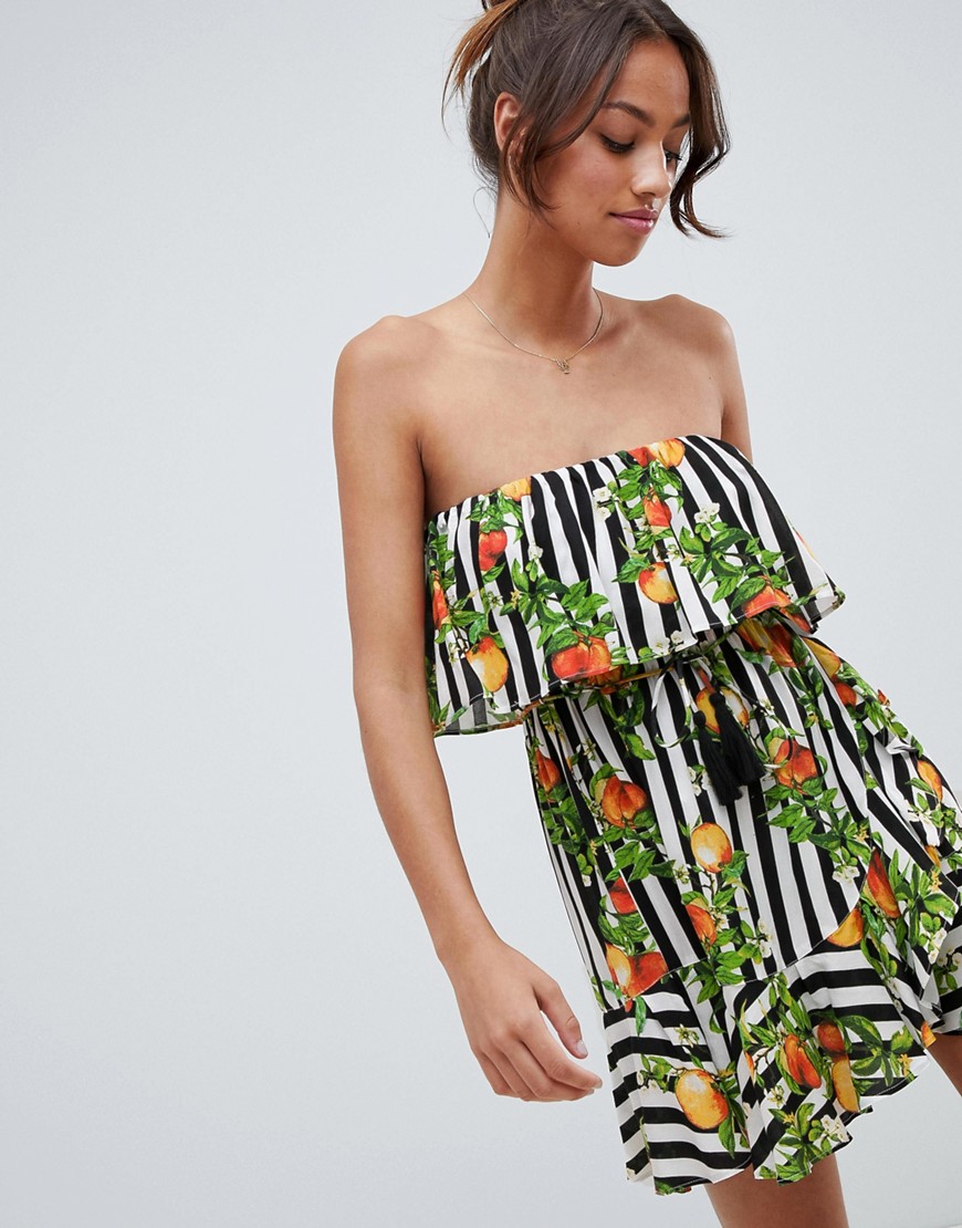 Asos Design Stripe Peach Print Frill High Low Hem Beach Dress-multi