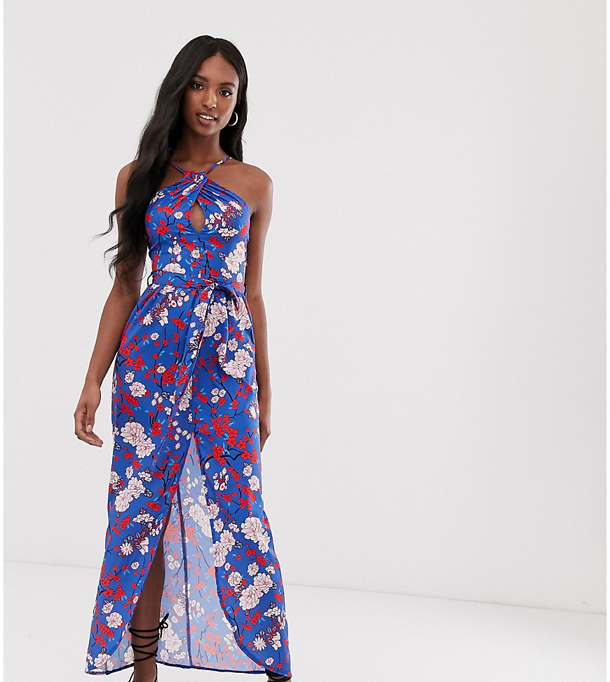 Parisian Tall floral halterneck maxi dress with keyhole detail and tie waist