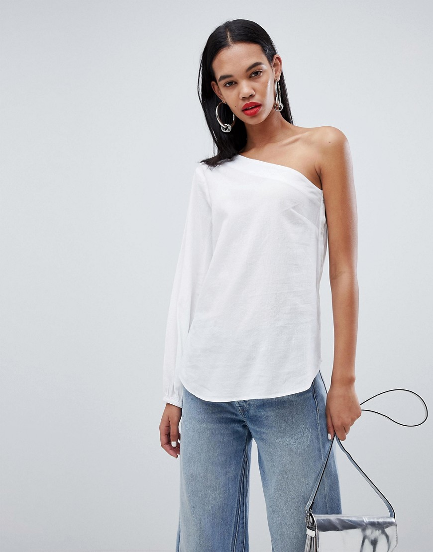 Weekday one shoulder shirt with drawstring detail in white - White