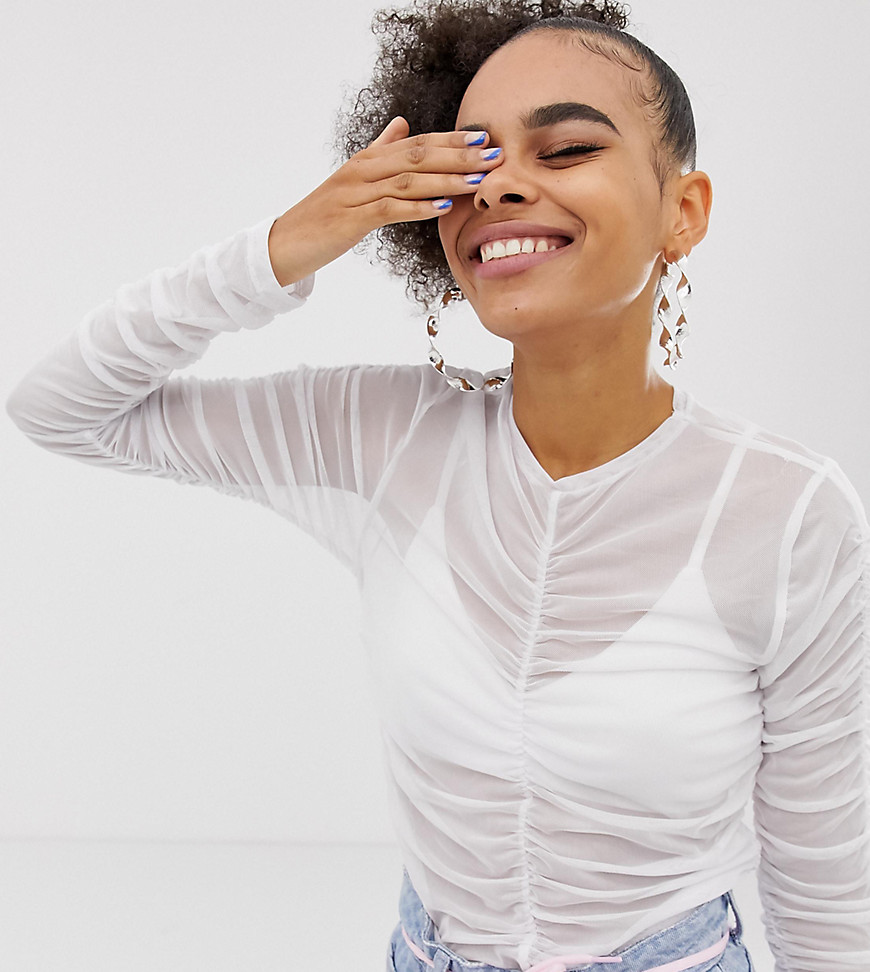 COLLUSION mesh ruched top in white