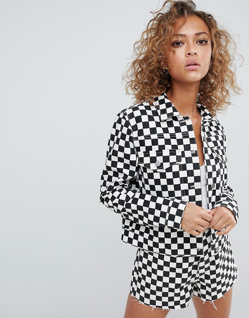 ASOS DESIGN denim jacket in checkerboard print - Black/ white