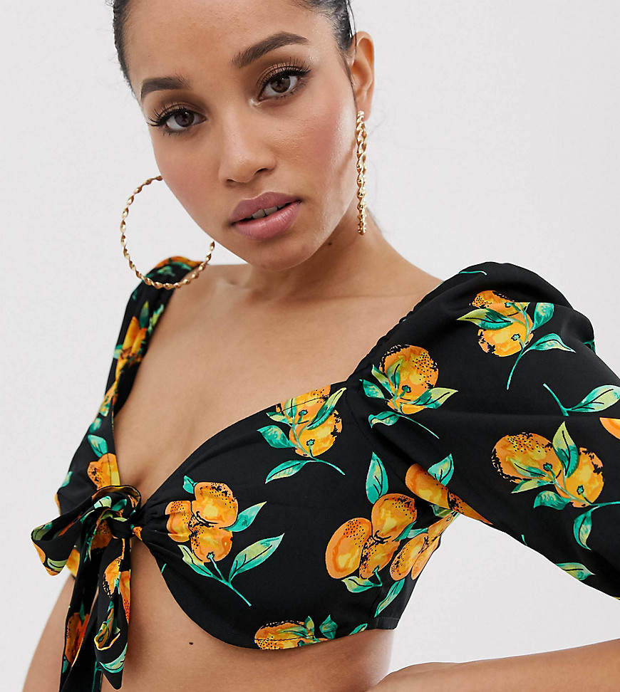 PrettyLittleThing Petite co-ord crop top with tie front in fruit print