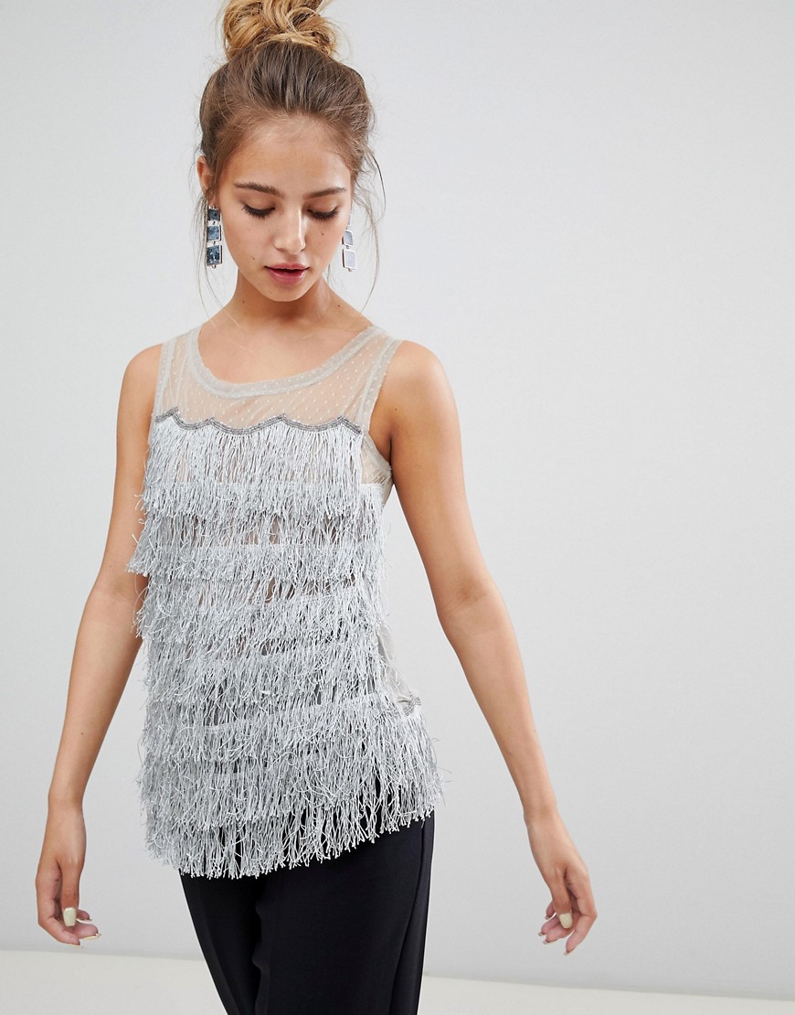 QED London Fringe And Mesh Top - Silver/grey