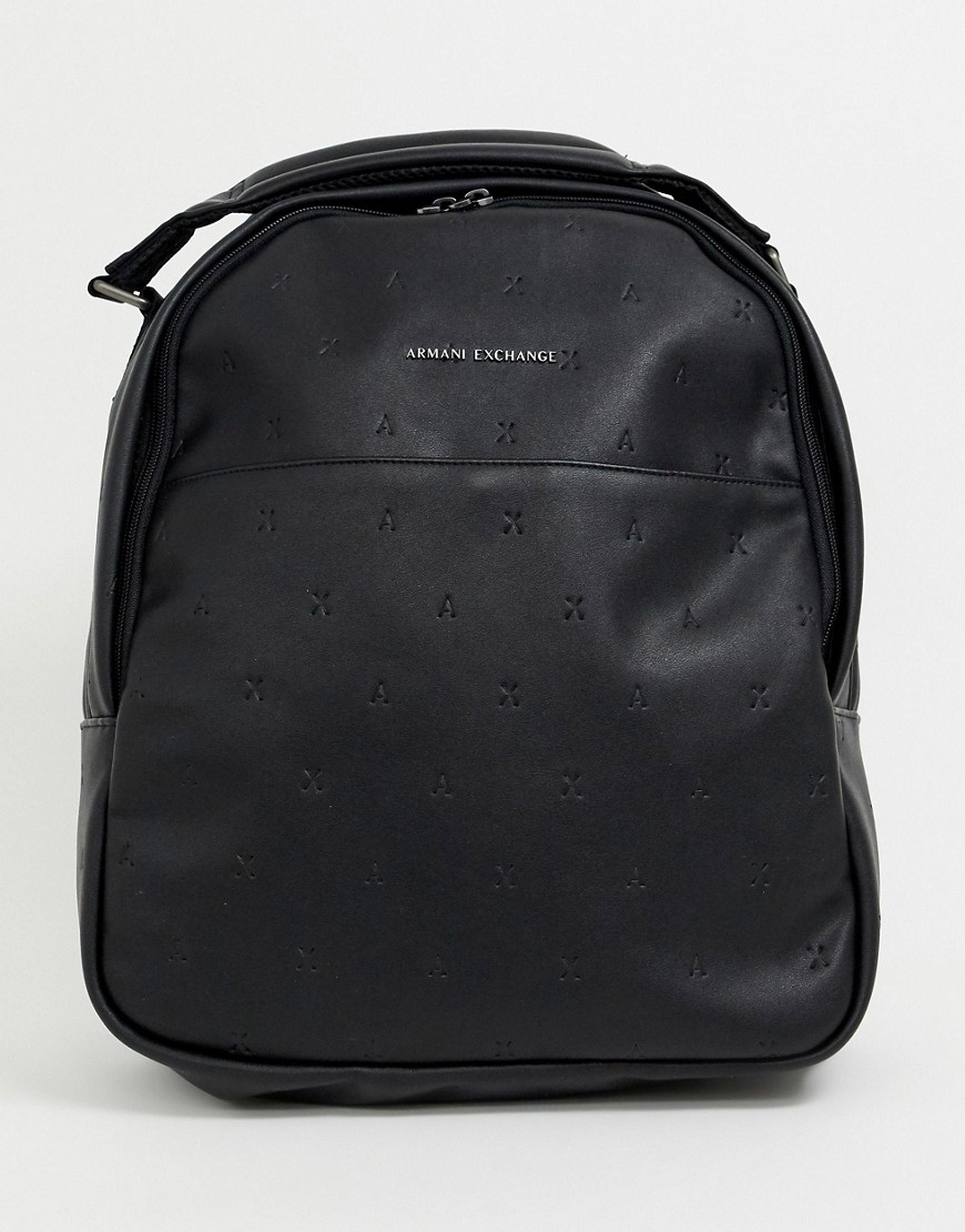 Armani Exchange faux leather all over logo backpack in black