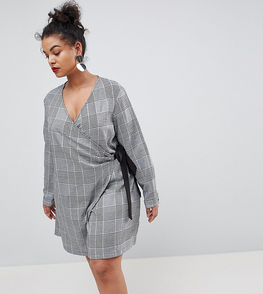 Unique 21 Hero Plus Wrap Dress With Tie Waist In Prince Of Wales Check - Grey