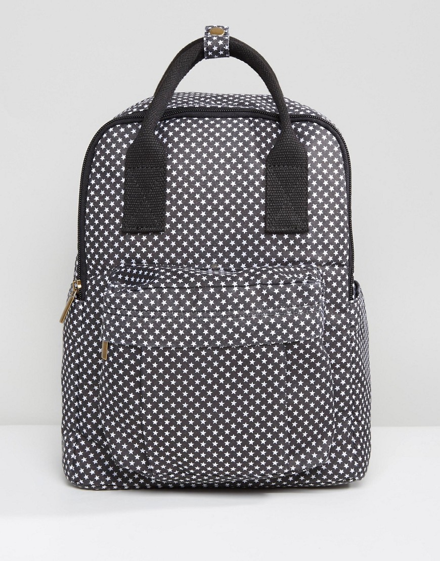 Qupid Star Print Backpack With Front Pocket - Black white star