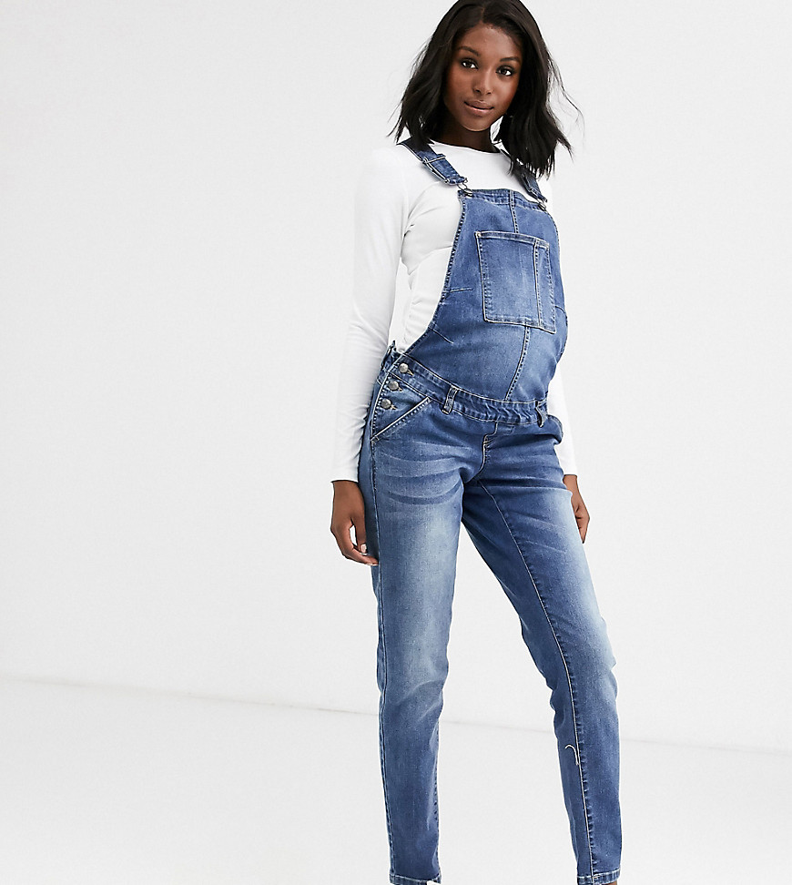Mamalicious maternity boyfriend dungarees in mid blue