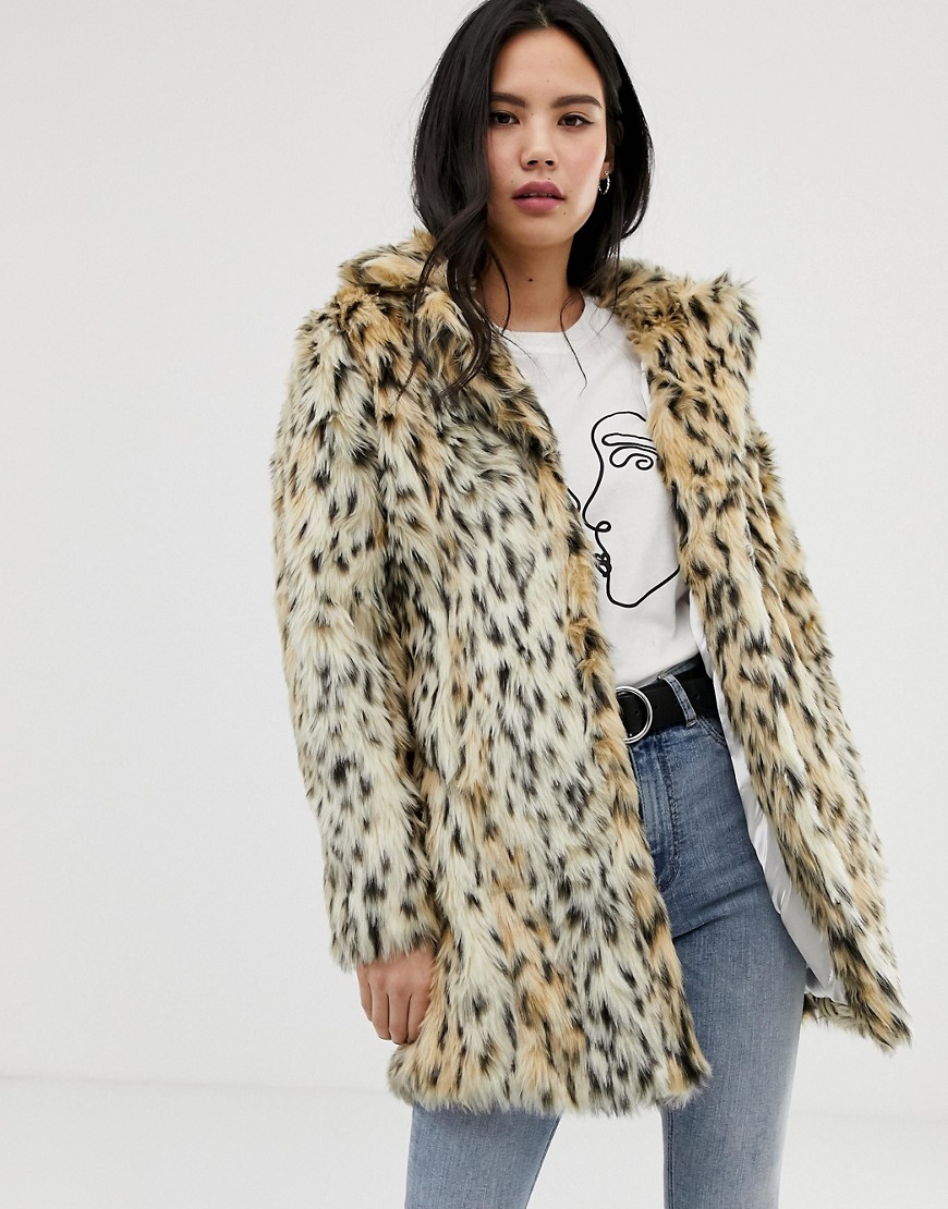 QED London single breasted animal print faux fur coat