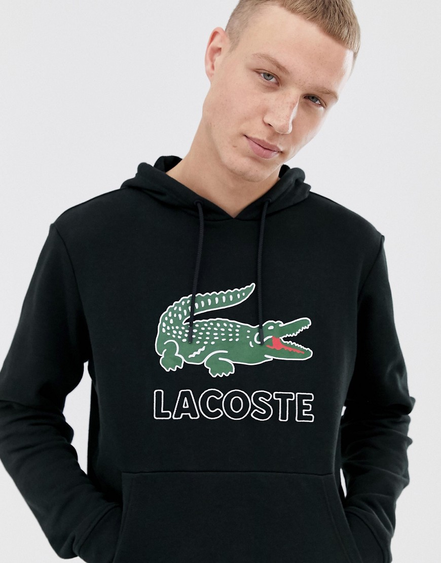 Lacoste large croc logo hooded sweat in black