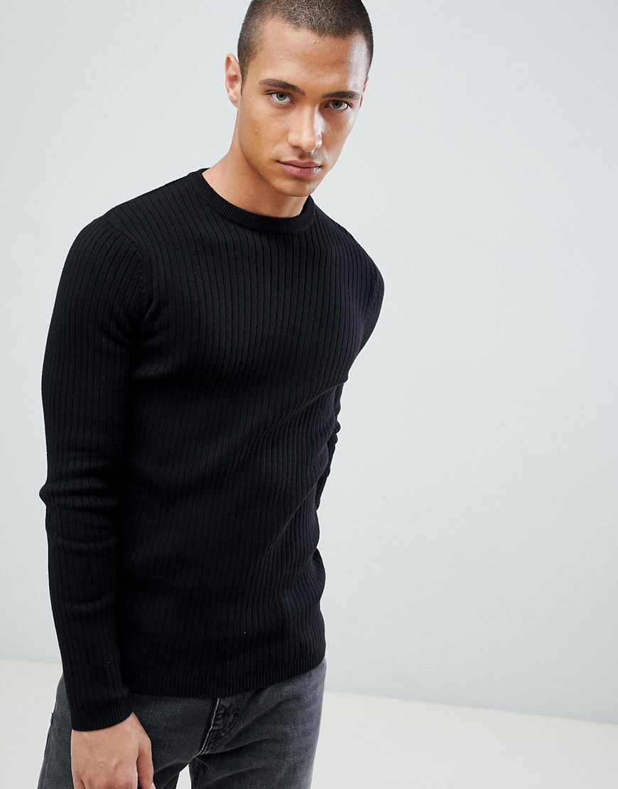 New Look Ribbed Muscle Fit Sweater In Black - Black