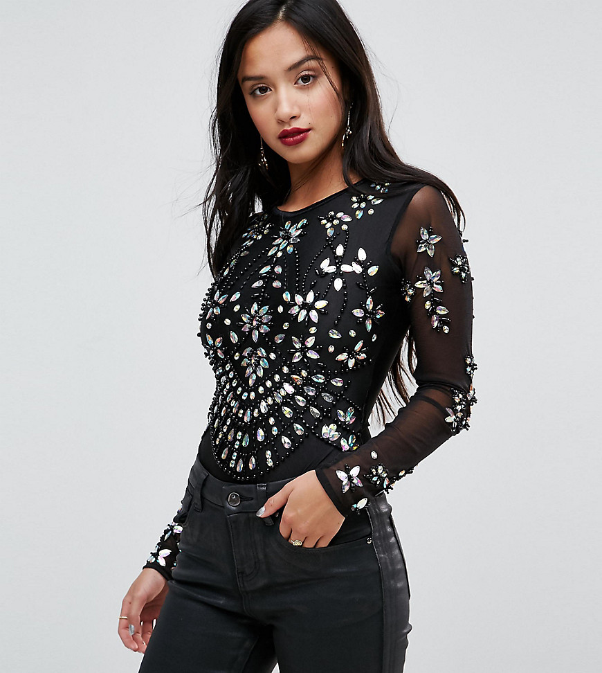 A Star Is Born Petite Going Out Embellished Bodysuit in Sheer Mesh - Black/multi
