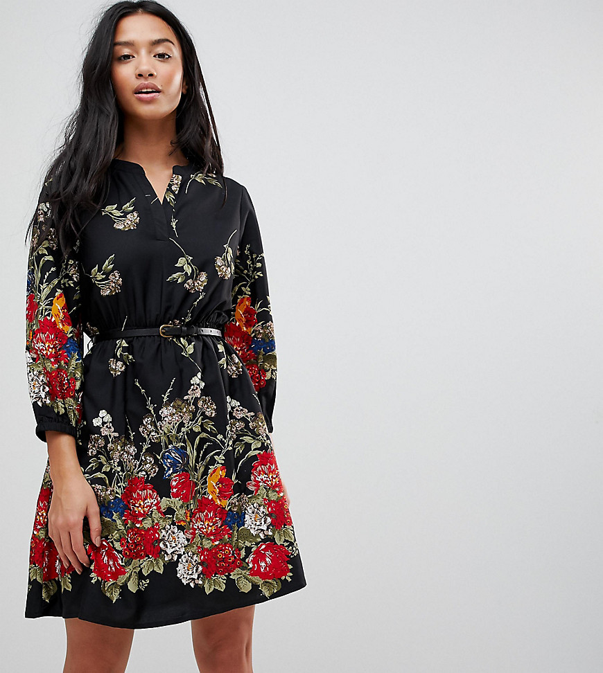 Yumi Petite 3/4 Sleeve Belted Dress in Floral Border Print - Black