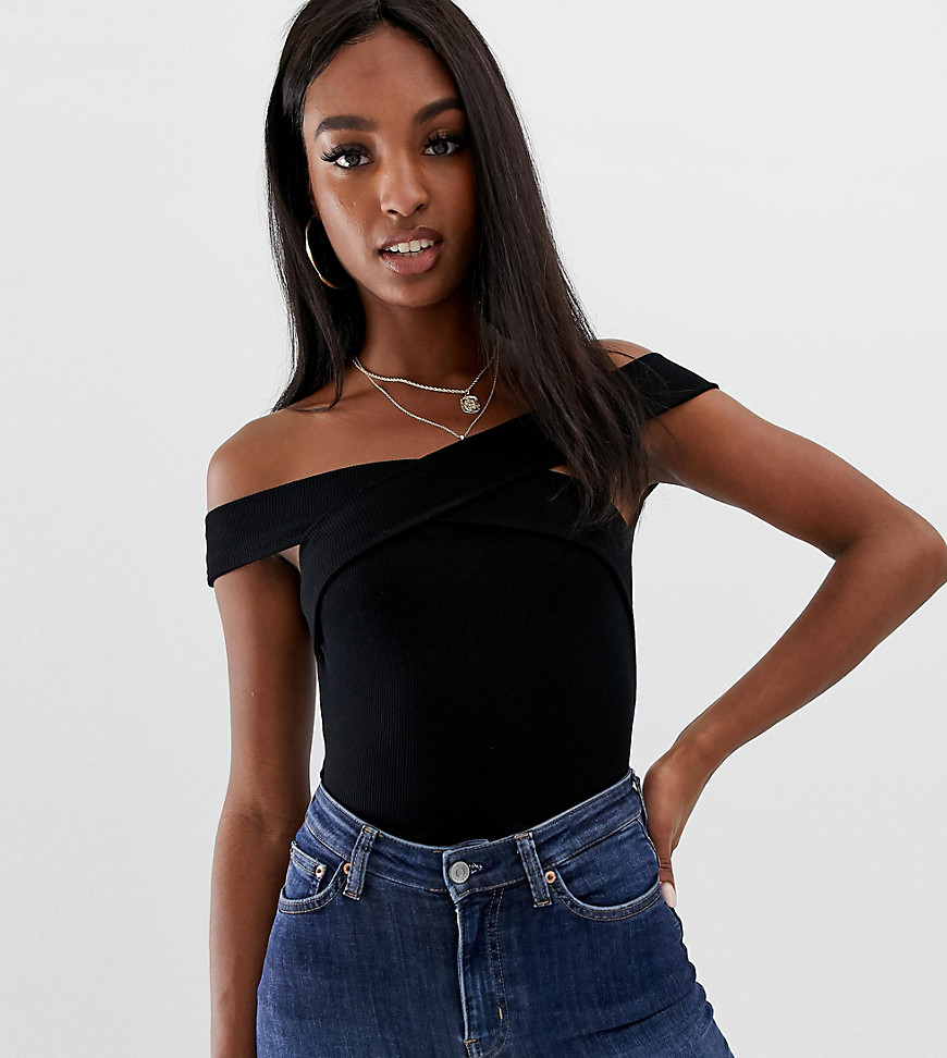 ASOS DESIGN Tall off shoulder bodysuit with wrap front and short sleeve in black