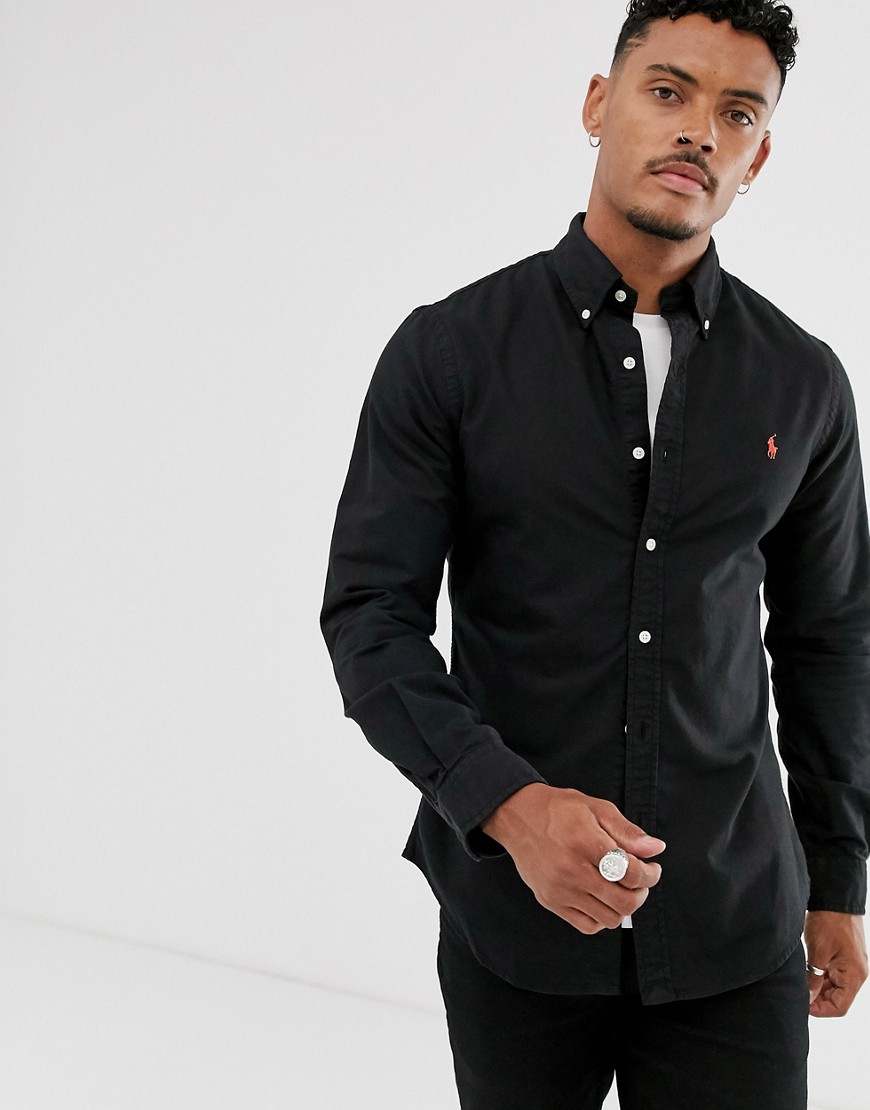 Polo Ralph Lauren slim fit shirt in black garment dye oxford with player logo